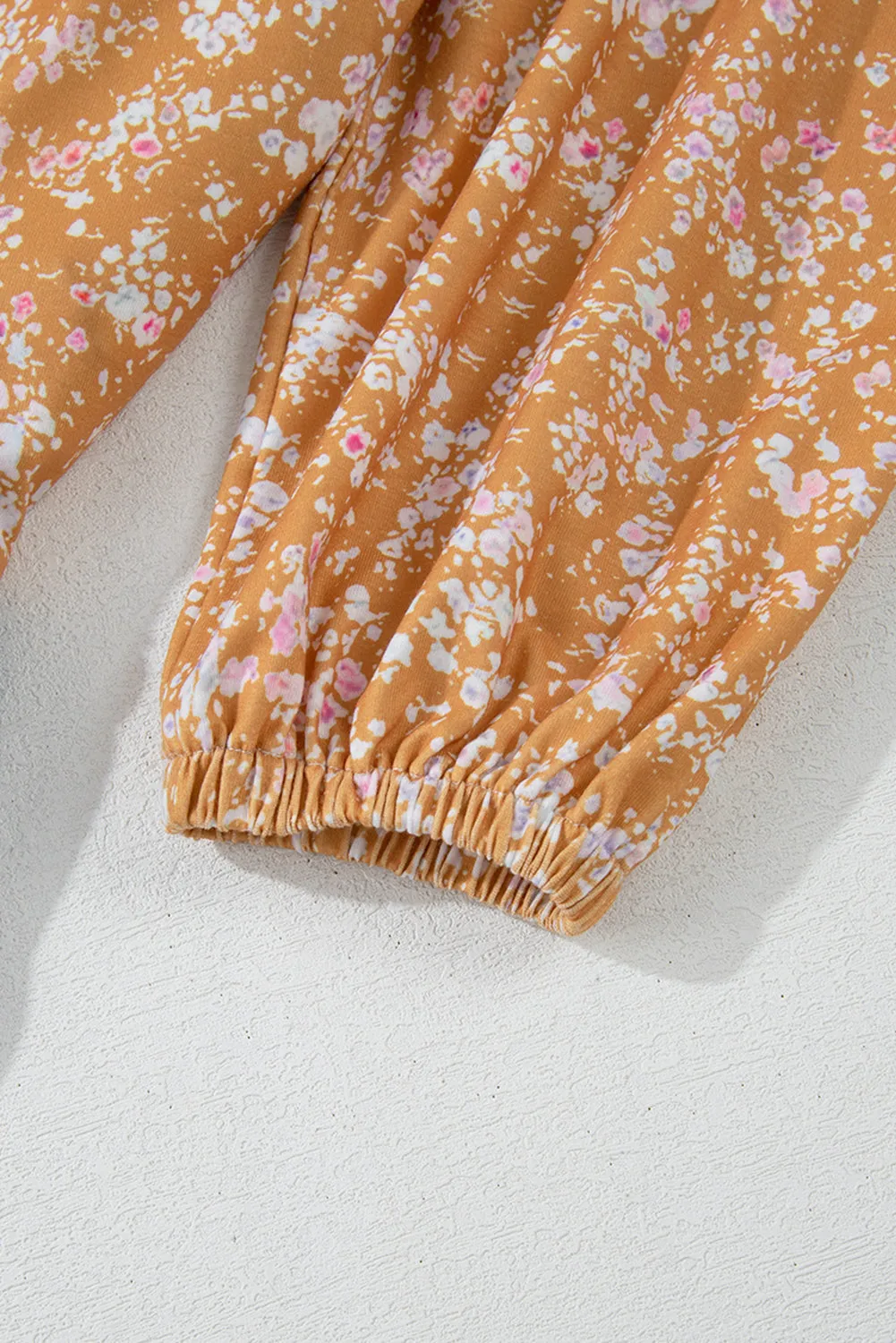 Floral Color Block Patchwork Ruffled Hem Round Neck Blouse