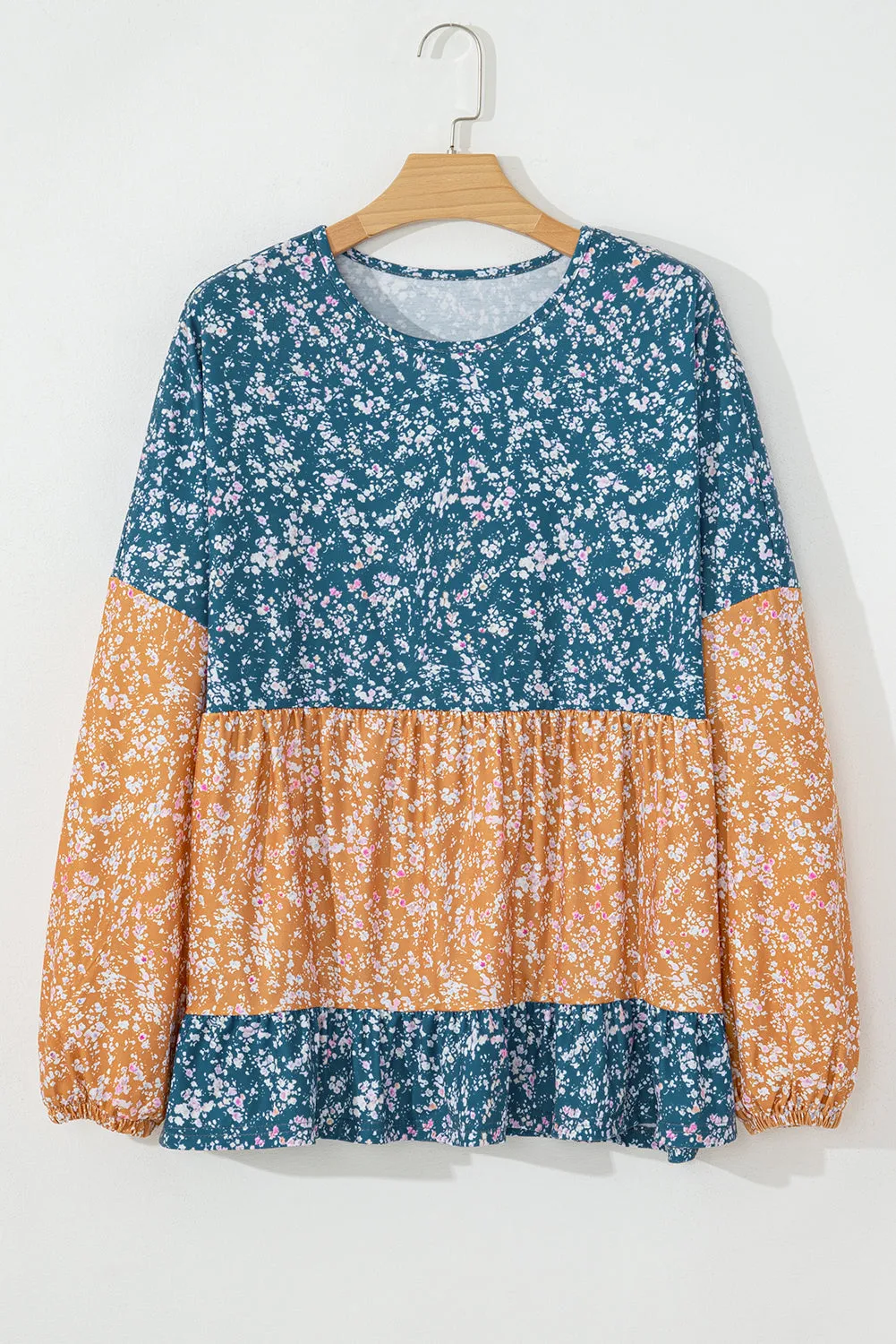 Floral Color Block Patchwork Ruffled Hem Round Neck Blouse