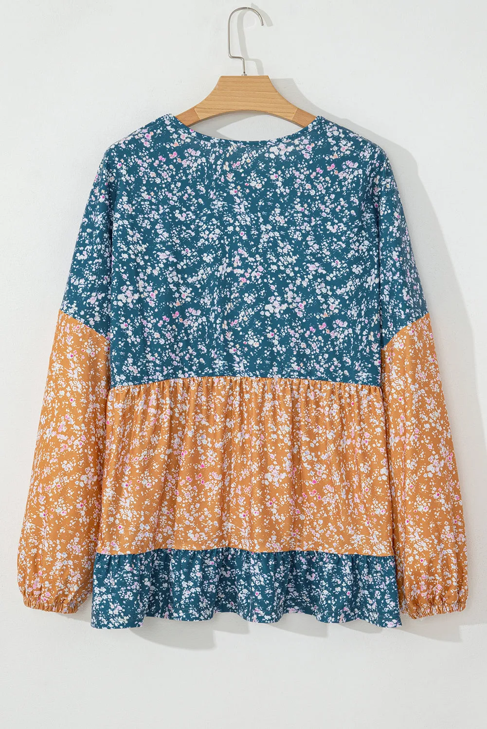 Floral Color Block Patchwork Ruffled Hem Round Neck Blouse