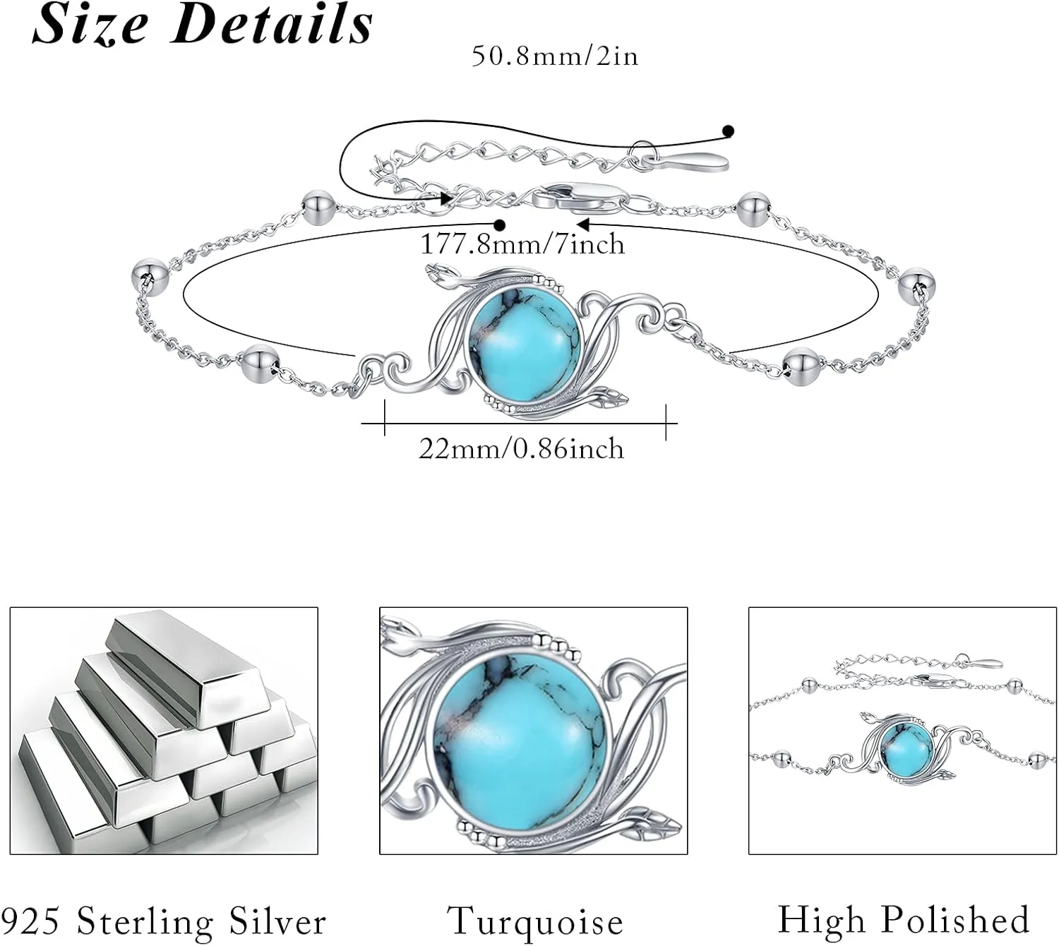 Floral Vine/Lotus/Star Moon Bracelets 925 Sterling Silver Summer Beach Onyx/Turquoise/Moonstone/Malachite Bracelet Floral Jewelry Gift for Women Girls