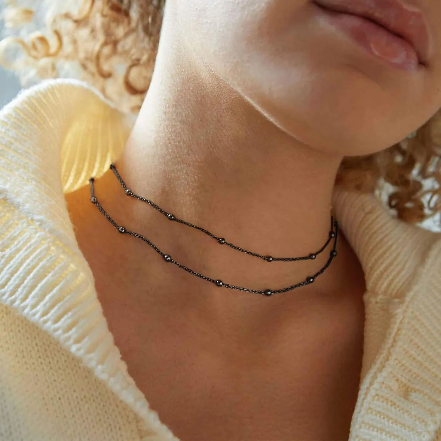 FOCALOOK Choker Necklace for Women Dainty 14K Gold Plated Double Layered Necklace Silver Black Metal Satellite Beaded Boho Choker Chain