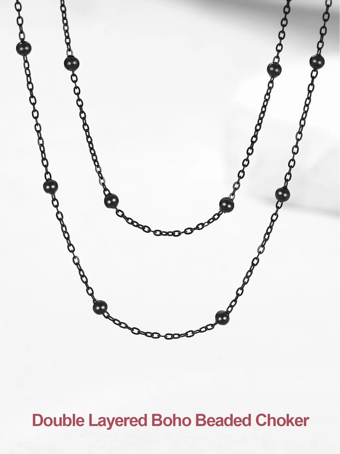 FOCALOOK Choker Necklace for Women Dainty 14K Gold Plated Double Layered Necklace Silver Black Metal Satellite Beaded Boho Choker Chain