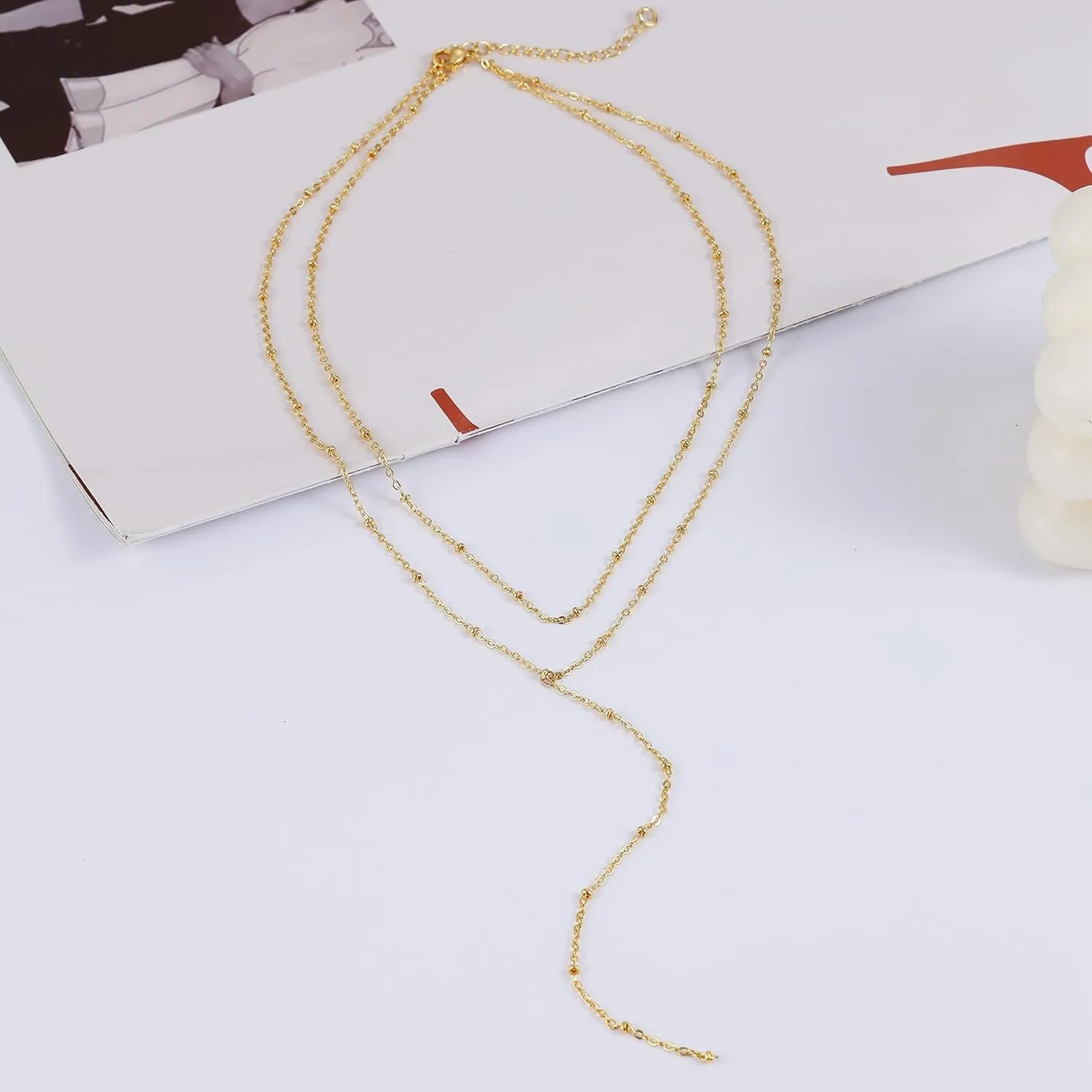 Foxgirl Lariat Gold Necklace for Women, Dainty Long Necklace 14k Gold Plated/Silver Y-Shaped Pendant Necklace Trendy Layered Cz Beaded Chain Drop Necklaces Simple Gold Jewelry For Women Gift