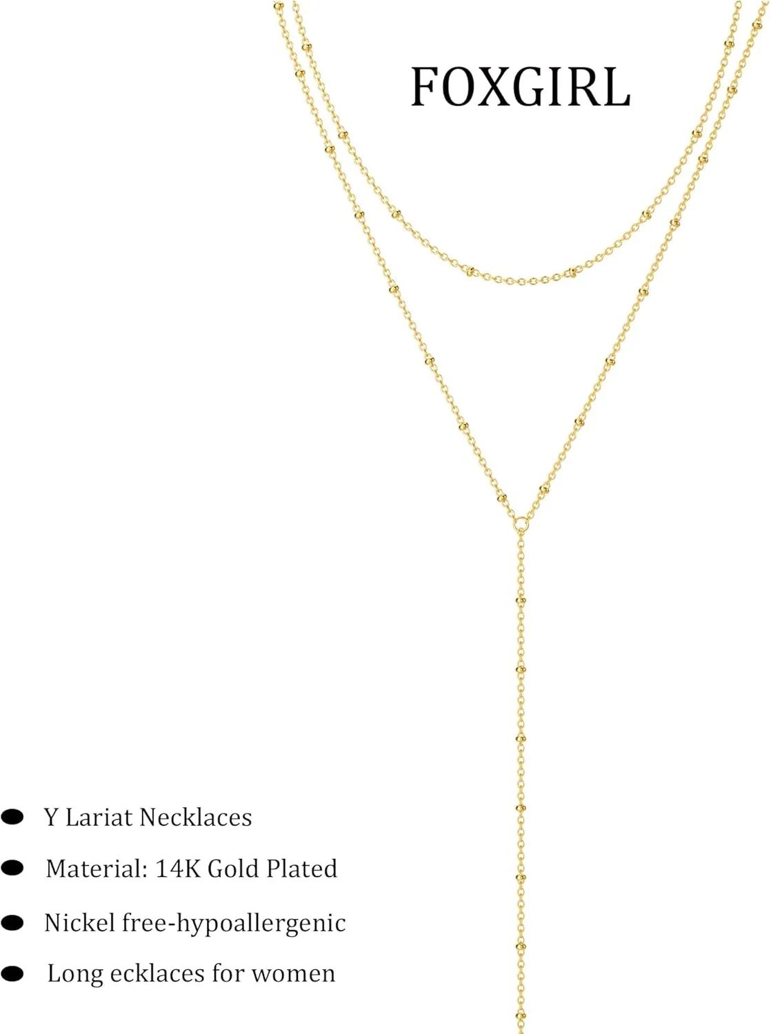 Foxgirl Lariat Gold Necklace for Women, Dainty Long Necklace 14k Gold Plated/Silver Y-Shaped Pendant Necklace Trendy Layered Cz Beaded Chain Drop Necklaces Simple Gold Jewelry For Women Gift