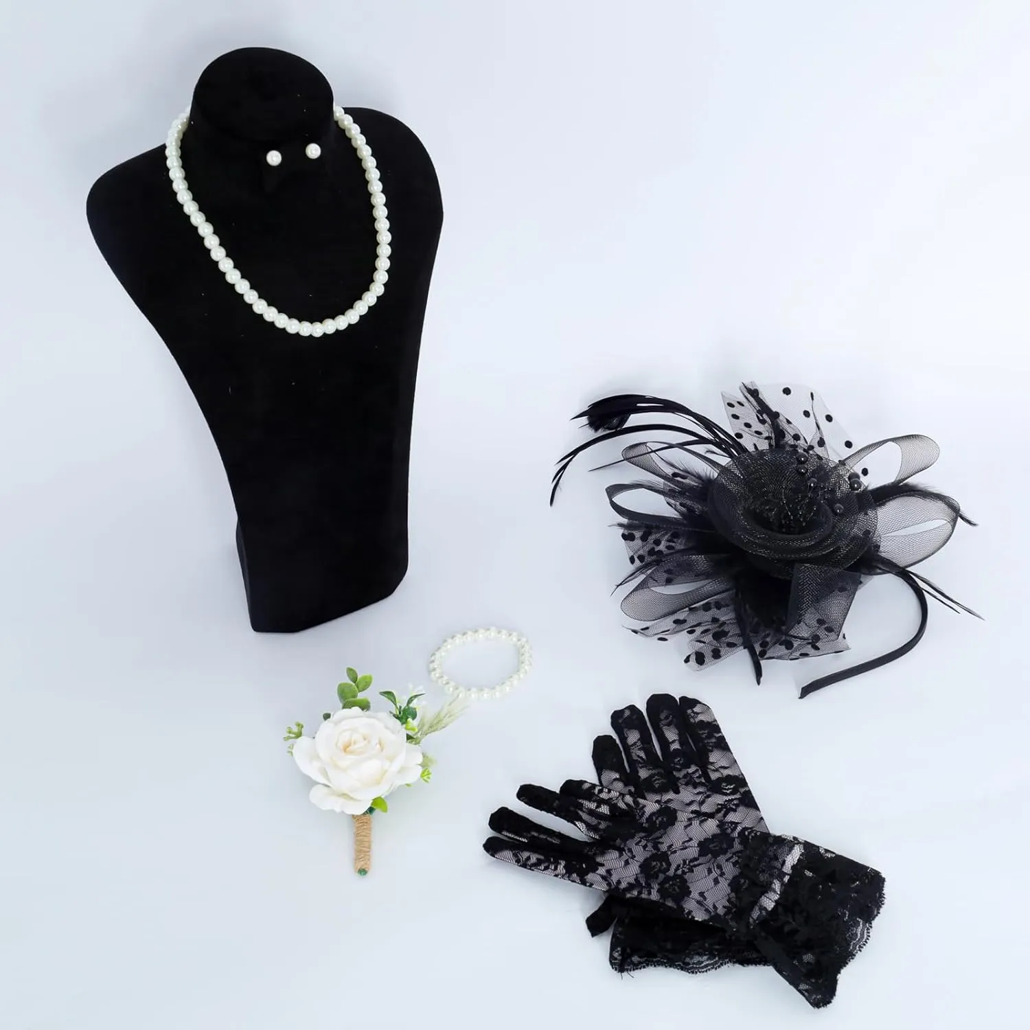 Fumwase 5Pcs Tea Party Fascinators Hat with Lace Gloves Pearl Necklace Earring Bracelet Tea Party Favors Kit