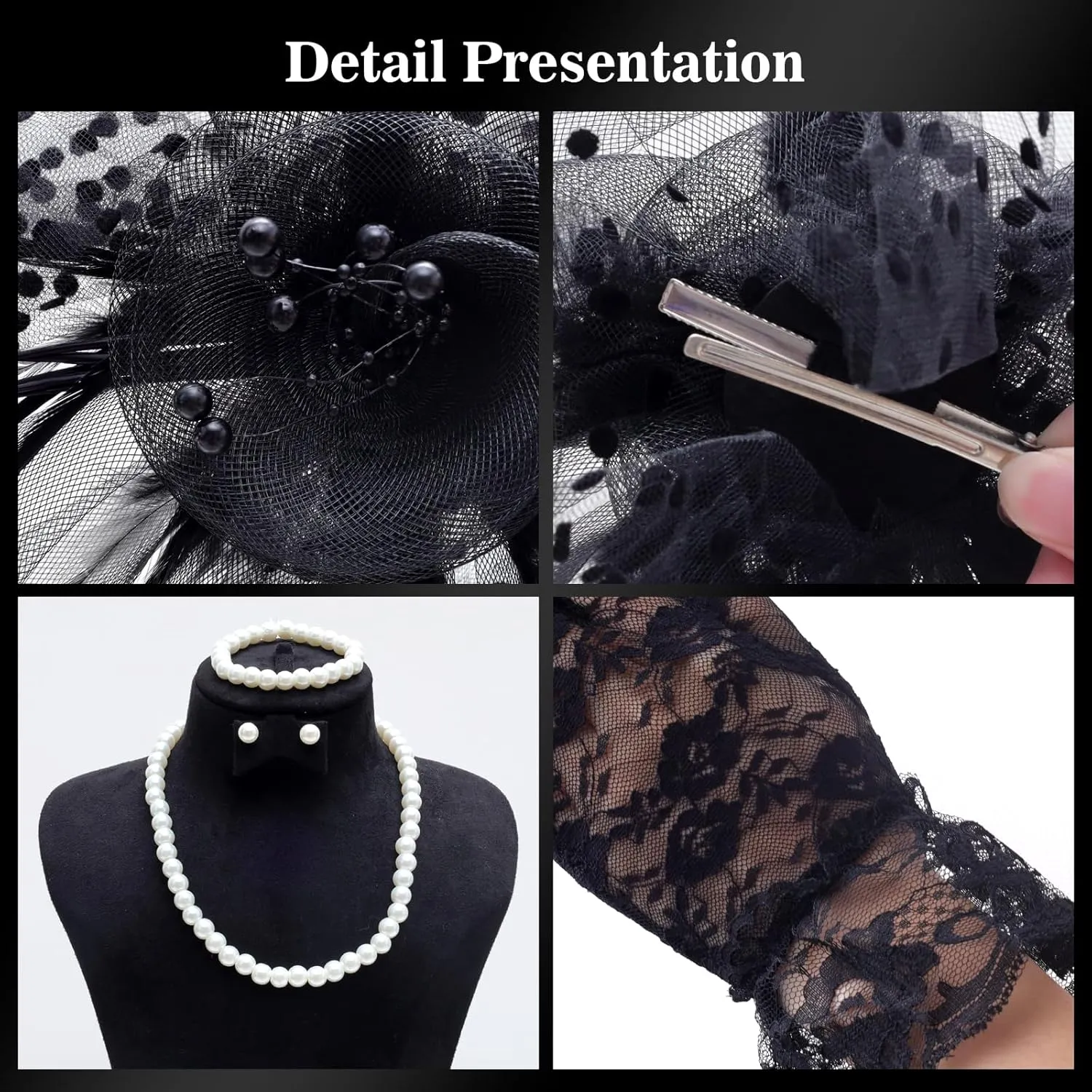 Fumwase 5Pcs Tea Party Fascinators Hat with Lace Gloves Pearl Necklace Earring Bracelet Tea Party Favors Kit