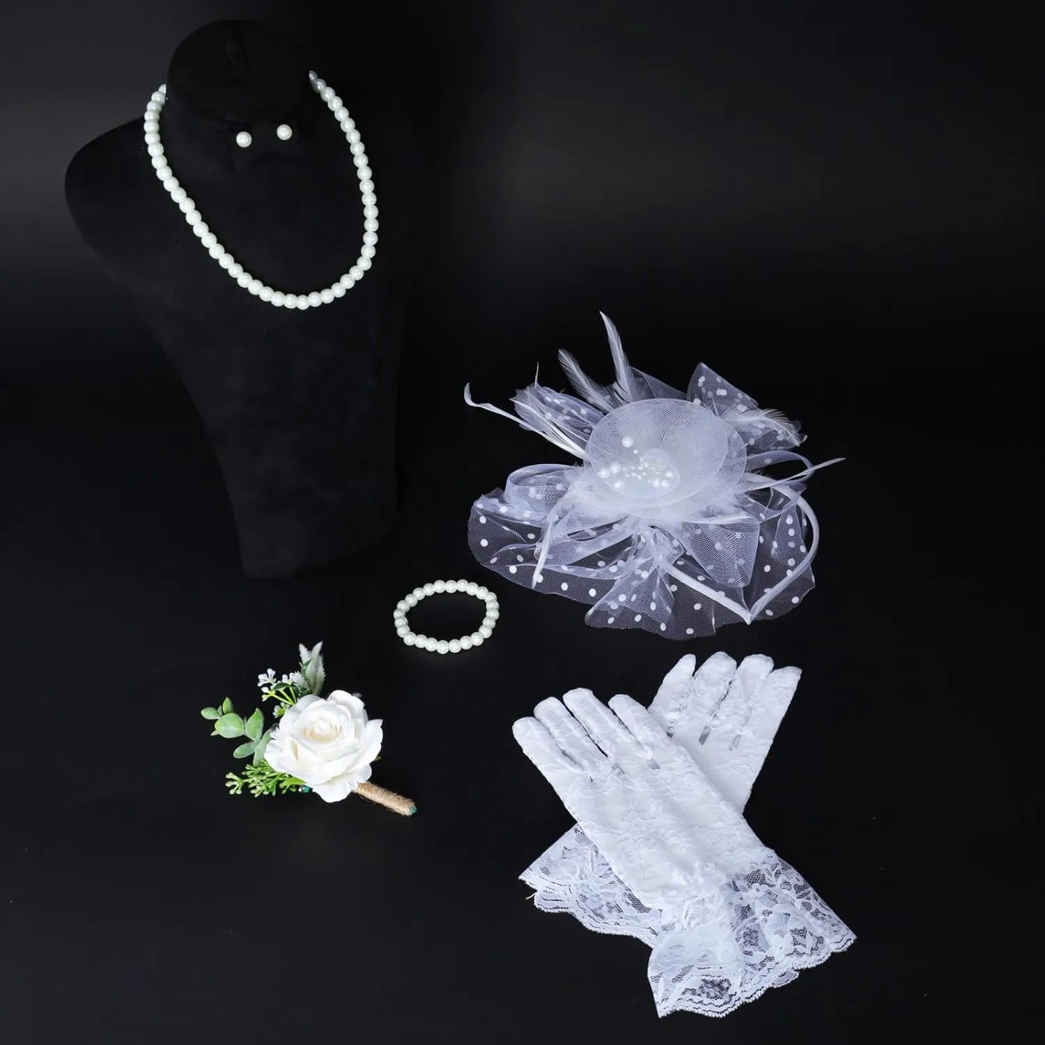 Fumwase 5Pcs Tea Party Fascinators Hat with Lace Gloves Pearl Necklace Earring Bracelet Tea Party Favors Kit