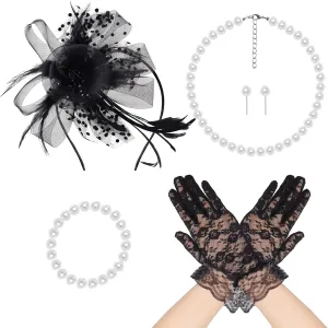 Fumwase 5Pcs Tea Party Fascinators Hat with Lace Gloves Pearl Necklace Earring Bracelet Tea Party Favors Kit