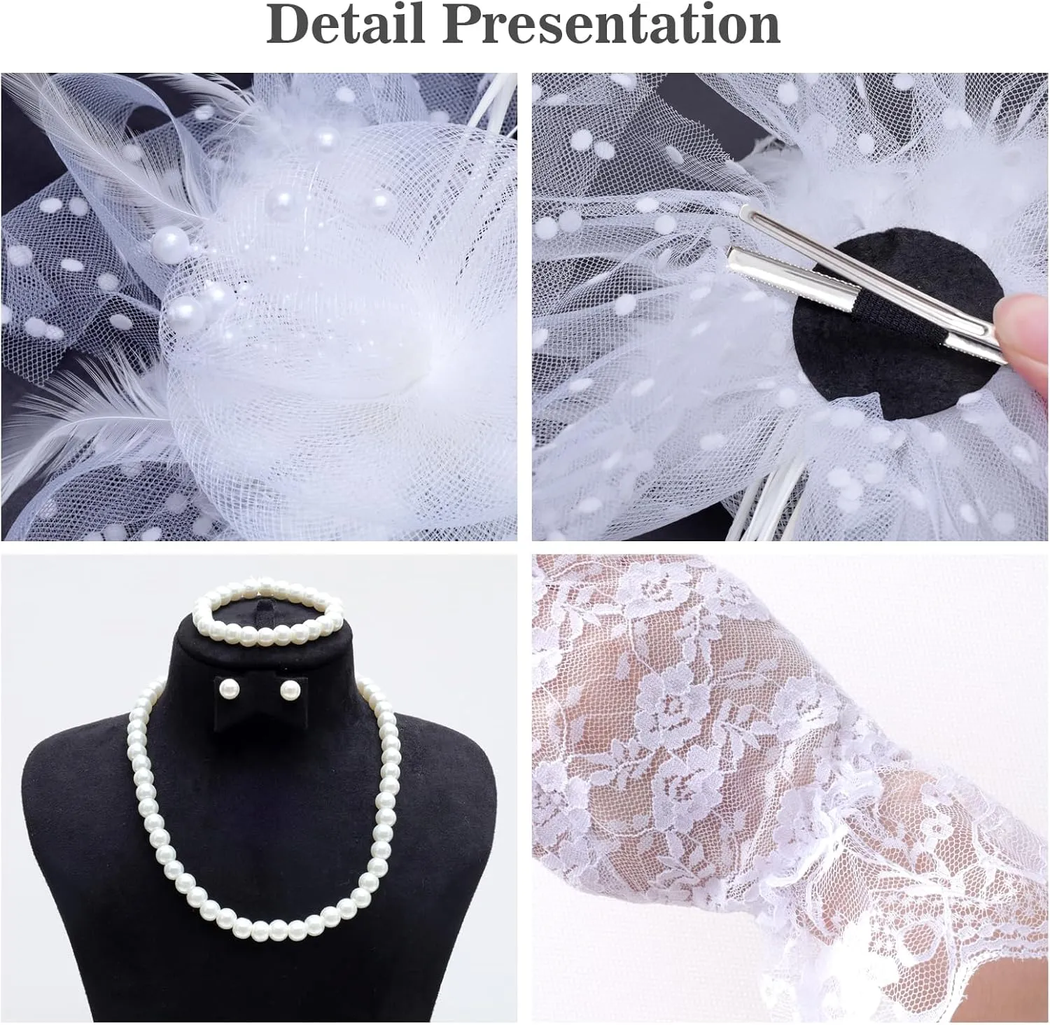 Fumwase 5Pcs Tea Party Fascinators Hat with Lace Gloves Pearl Necklace Earring Bracelet Tea Party Favors Kit