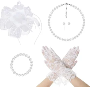 Fumwase 5Pcs Tea Party Fascinators Hat with Lace Gloves Pearl Necklace Earring Bracelet Tea Party Favors Kit