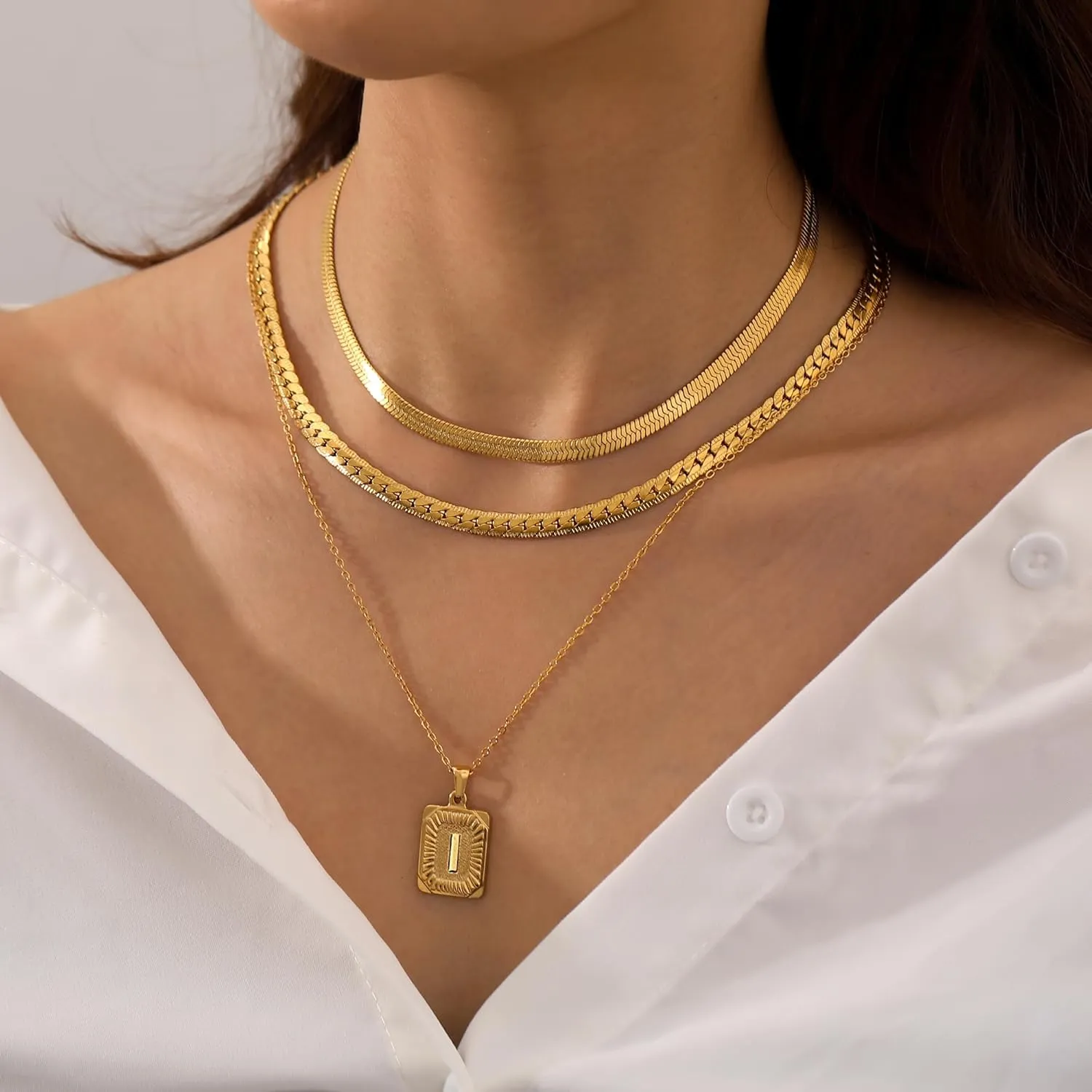FUNEIA Layered Gold Initial Necklace for Women Trendy Dainty 18K Gold Plated Initial A-Z letter Pendant Necklace Stacked Layering Herringbone Flat Snake Chain Choker Necklaces Set Pack Jewelry Gifts