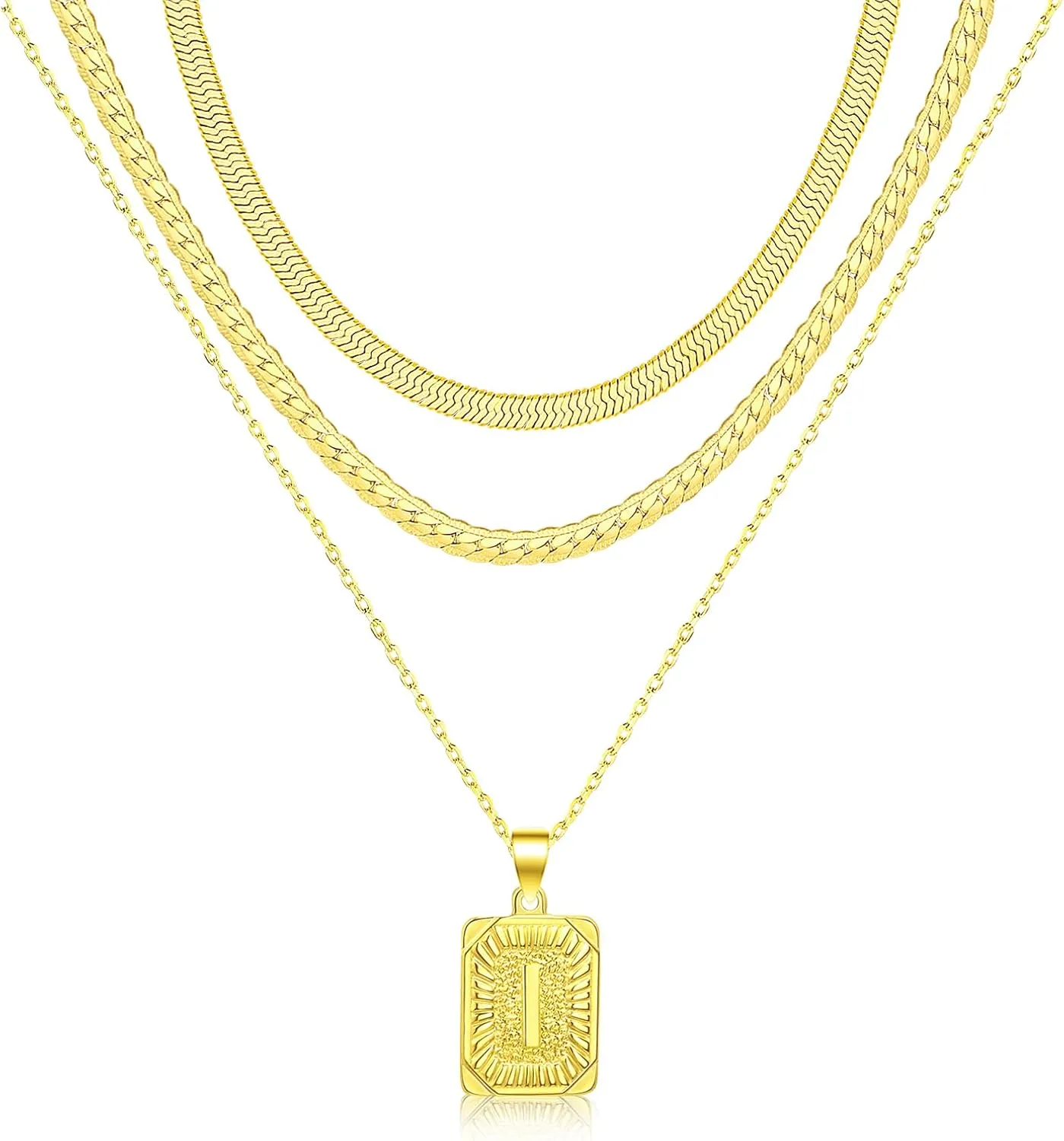 FUNEIA Layered Gold Initial Necklace for Women Trendy Dainty 18K Gold Plated Initial A-Z letter Pendant Necklace Stacked Layering Herringbone Flat Snake Chain Choker Necklaces Set Pack Jewelry Gifts