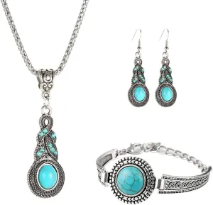 Fuqimanman2020 3pcs Ethnic Simulation Turquoise Set Butterfly Pendant Necklace Bohemian Stretchable Beaded Bracelet Bangle Teardrop for Women Boho Jewelry