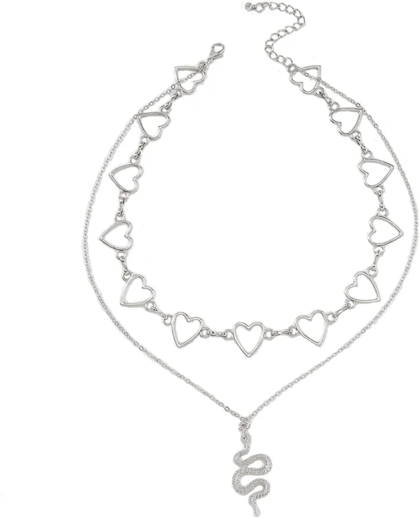 Gangel Snake Necklace Layered Chain Heart Punk Choker Silver Chains Layer Pendant Costume Jewelry Accessories for Women (Pack of 1)