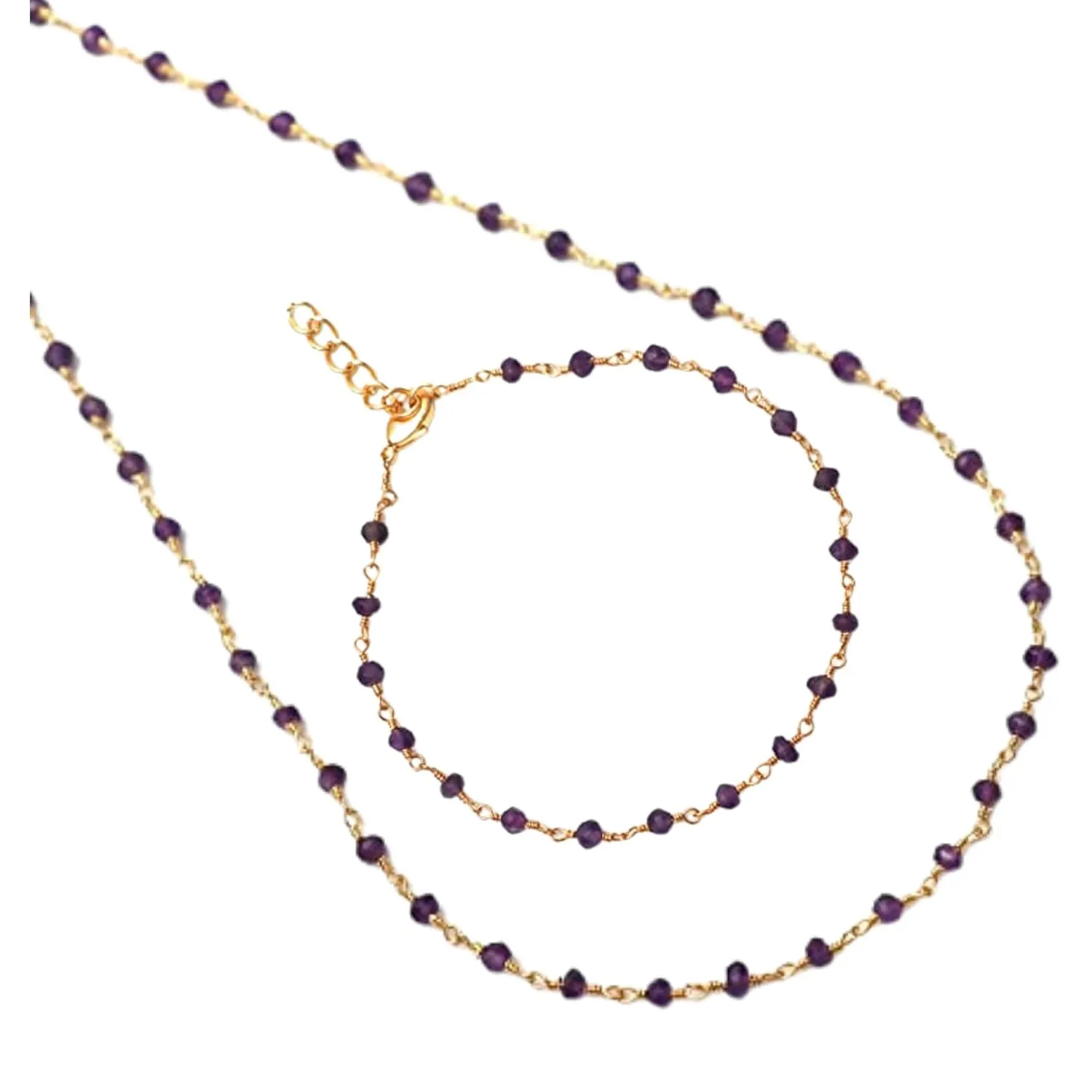 Gempires Natural Amethyst Necklace and Bracelet Set in Rosary Chain, February Birthstone Jewelry, Energy Healing Crystals, Gift for Her, Adjustable Length 18 inch and 8 inch (Amethyst)