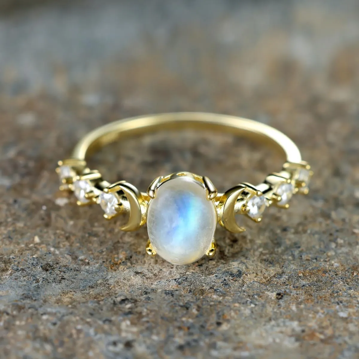 Genuine Moonstone Ring Sterling Silver Moon Phase Ring Oval Moonstone Cubic Zirconia Statement Band Finger Minimalist Ring for Women Girls with Gift Box