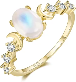 Genuine Moonstone Ring Sterling Silver Moon Phase Ring Oval Moonstone Cubic Zirconia Statement Band Finger Minimalist Ring for Women Girls with Gift Box