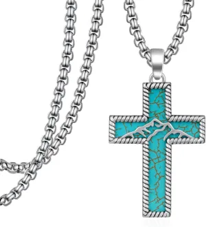 Genuine Turquoise Necklace 925 Sterling Silver Cross Pendant Necklace Vintage Western Cross Turquoise Jewelry for Men