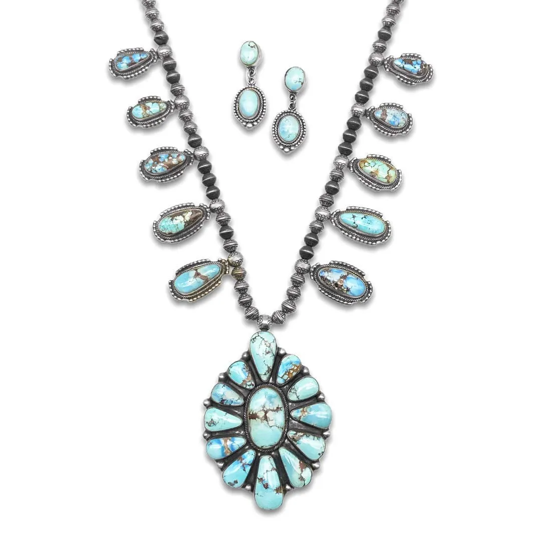 Genuine Turquoise Statement Necklace Set, Navajo Native American Tribe Handmade, Golden Hill Mine Turquoise, Oxidized 925 Sterling Silver, Artisan Signed, One of a Kind Statement Piece