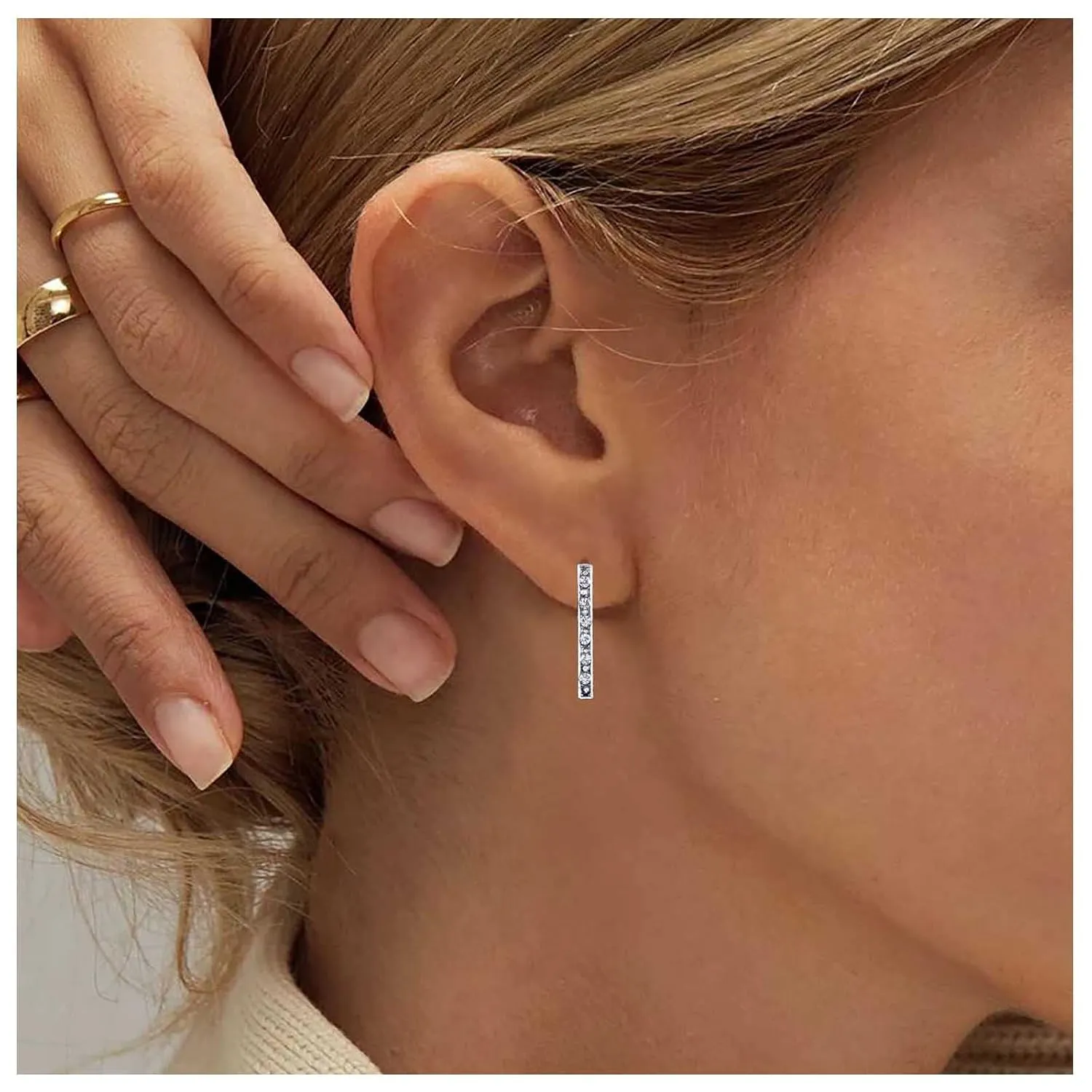 Geometric Crystal Bar Earrings Silver Cz Bar Stick Earrings Cz Rhinestone Bar Stud Earrings Silver Minimalist Earrings Jewelry for Women (Long)