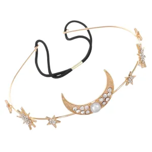 Geometric Pearl Headband with Elasticity Charming Moon and Star Hair Accessory for Weddings and Parties Rhinestone Hairband for Everyday Use and Special