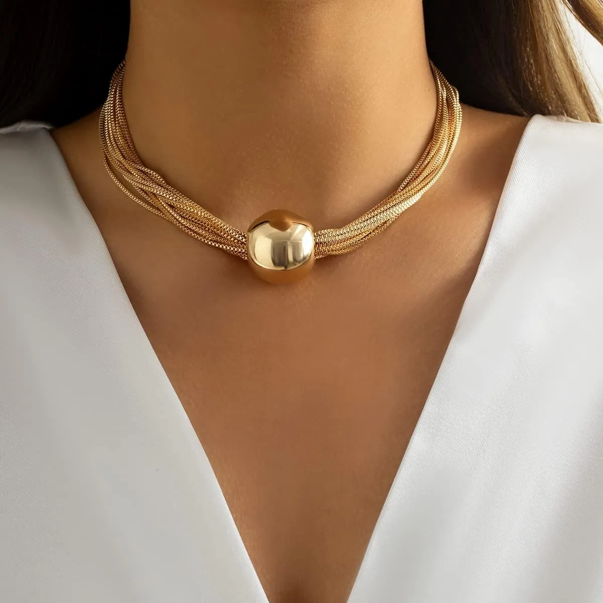 Geometric Sphere Necklace for Women Chunky Choker Necklace Chains Geometric Sphere Long Necklace Jewelry
