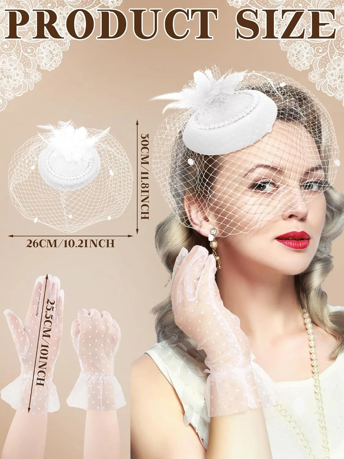 Geyoga 20s 50s Tea Party hat and Gloves Set Fascinator hat for Women Funeral Pillbox Cocktail Headband with Veil