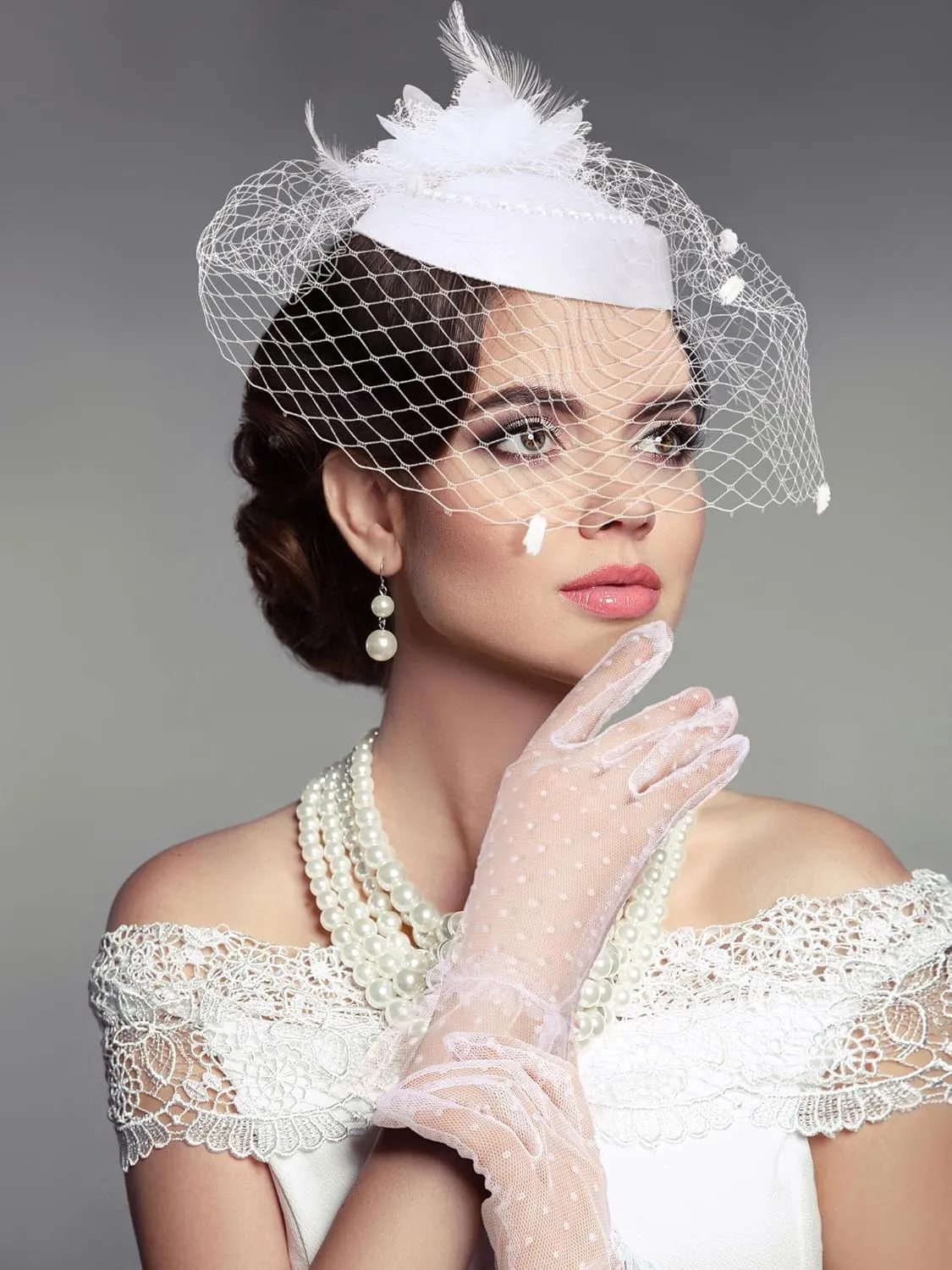 Geyoga 20s 50s Tea Party hat and Gloves Set Fascinator hat for Women Funeral Pillbox Cocktail Headband with Veil