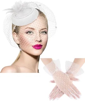 Geyoga 20s 50s Tea Party hat and Gloves Set Fascinator hat for Women Funeral Pillbox Cocktail Headband with Veil