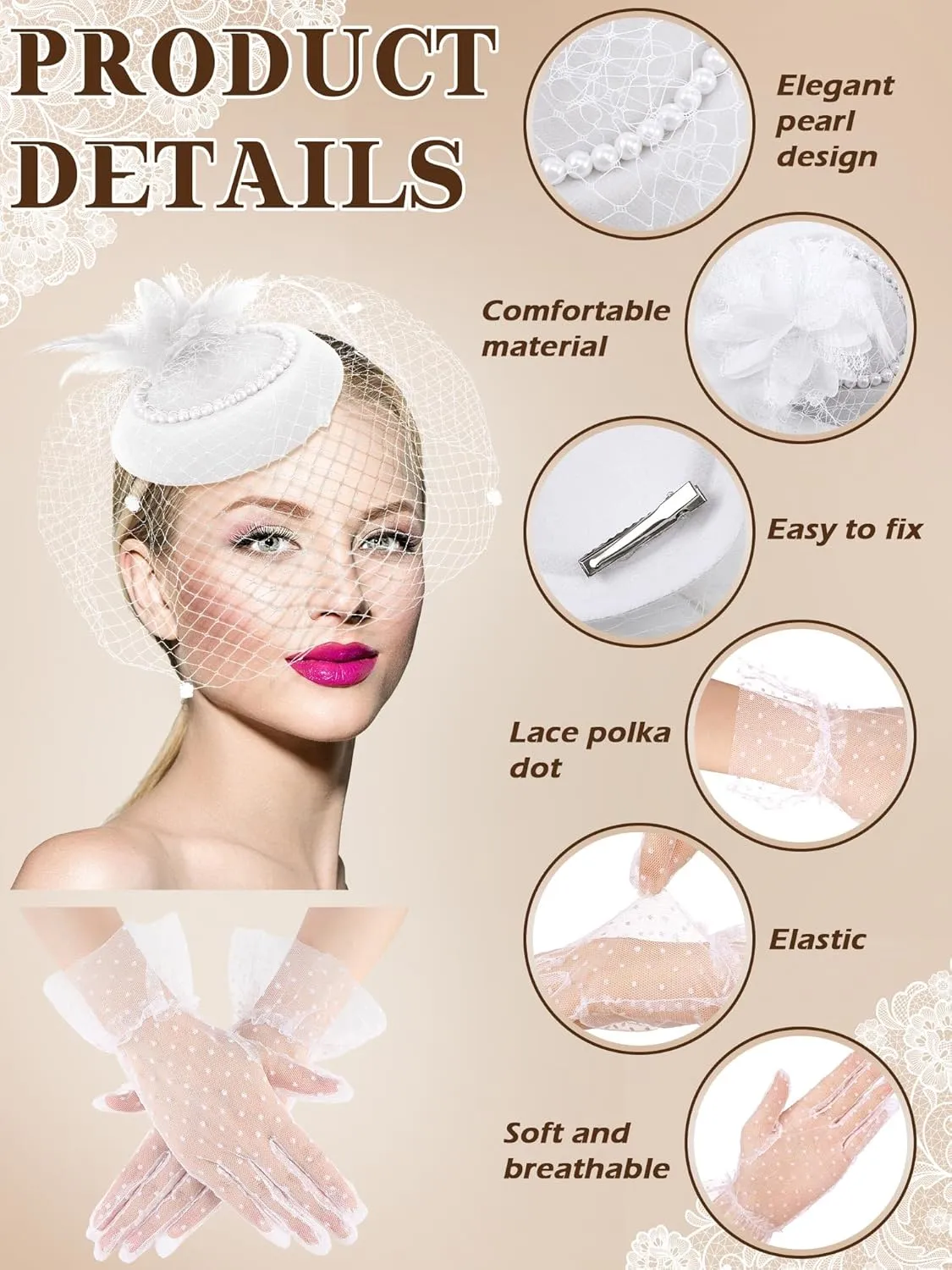 Geyoga 20s 50s Tea Party hat and Gloves Set Fascinator hat for Women Funeral Pillbox Cocktail Headband with Veil