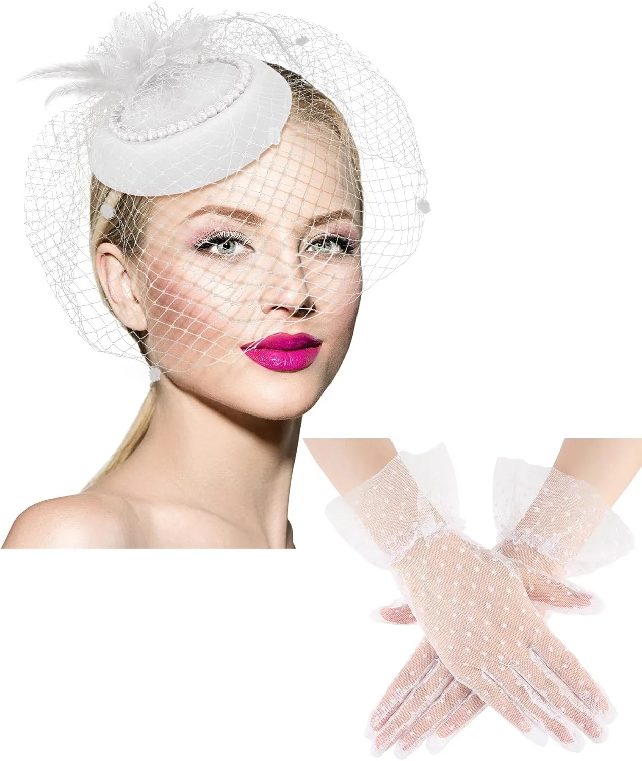 Geyoga 20s 50s Tea Party hat and Gloves Set Fascinator hat for Women Funeral Pillbox Cocktail Headband with Veil