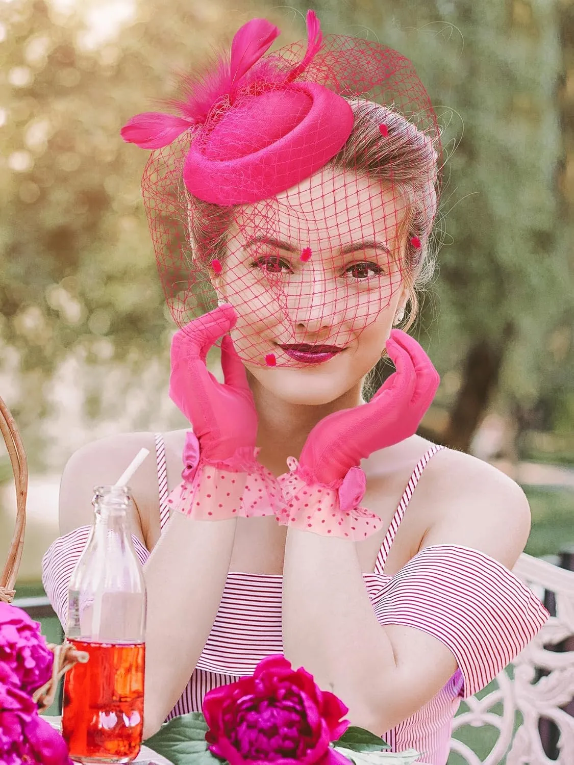 Geyoga 50s Fascinators Hat for Women 20s Feather Pillbox Hair Clip Funeral Tea Party First Communion Headpiece and Lace Glove