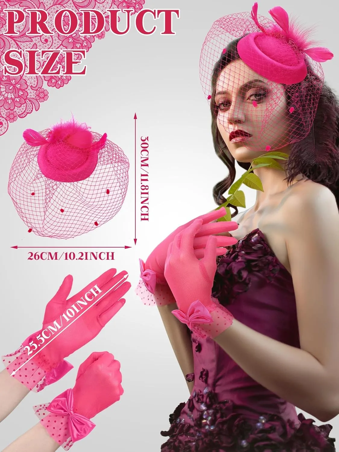 Geyoga 50s Fascinators Hat for Women 20s Feather Pillbox Hair Clip Funeral Tea Party First Communion Headpiece and Lace Glove