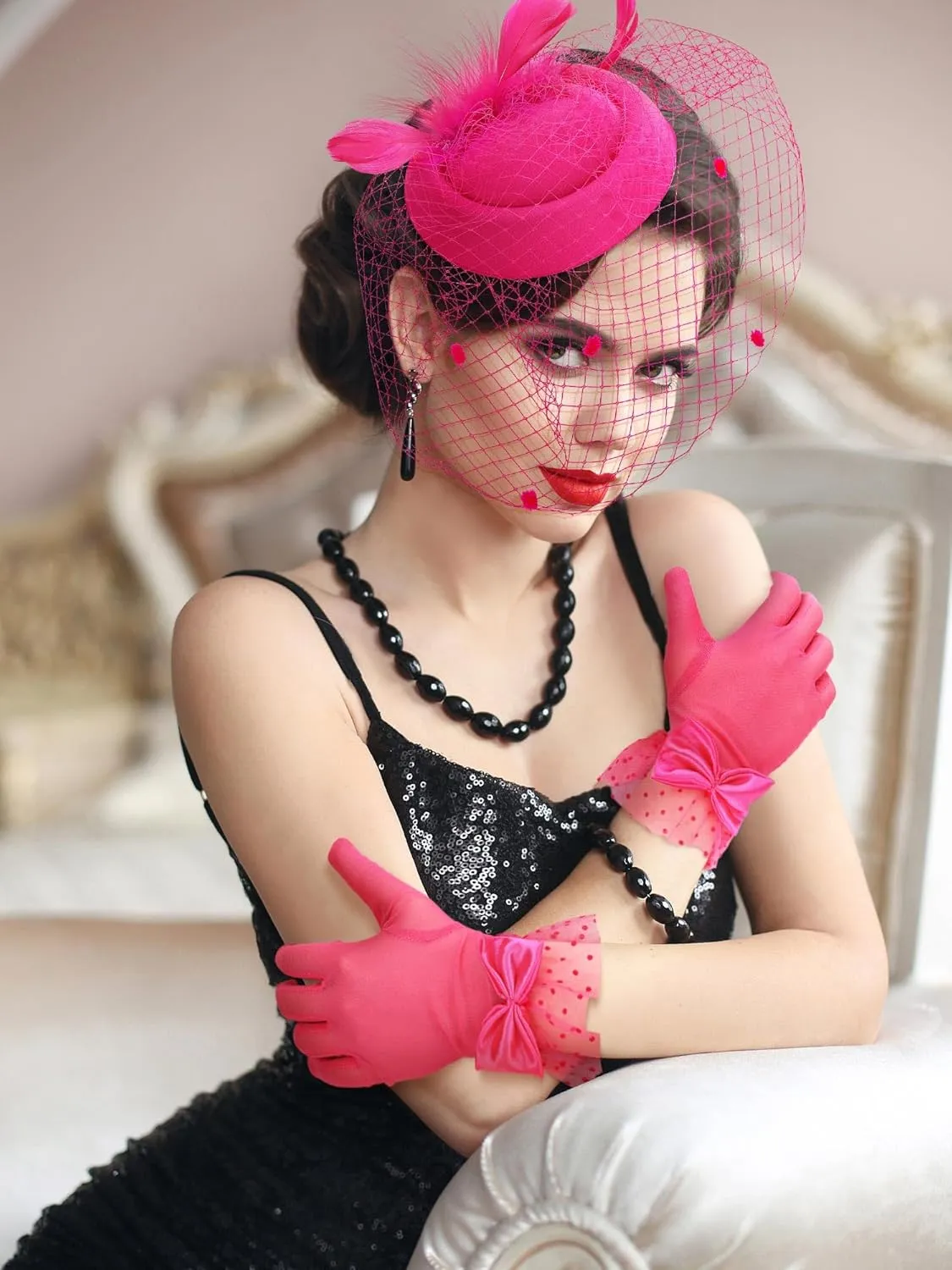 Geyoga 50s Fascinators Hat for Women 20s Feather Pillbox Hair Clip Funeral Tea Party First Communion Headpiece and Lace Glove