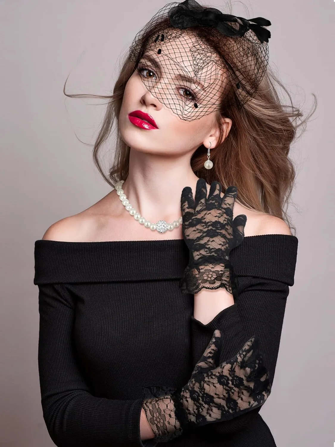 Geyoga 7 Pcs Fascinators Hat for Women Tea Party with Lace Gloves Pearl Necklace Bracelet Earrings Set for Wedding Gift