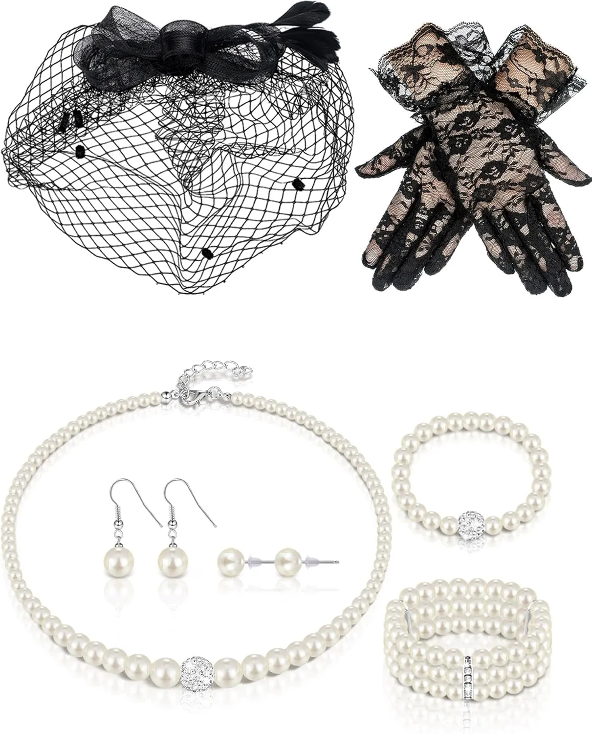 Geyoga 7 Pcs Fascinators Hat for Women Tea Party with Lace Gloves Pearl Necklace Bracelet Earrings Set for Wedding Gift