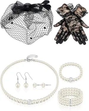 Geyoga 7 Pcs Fascinators Hat for Women Tea Party with Lace Gloves Pearl Necklace Bracelet Earrings Set for Wedding Gift