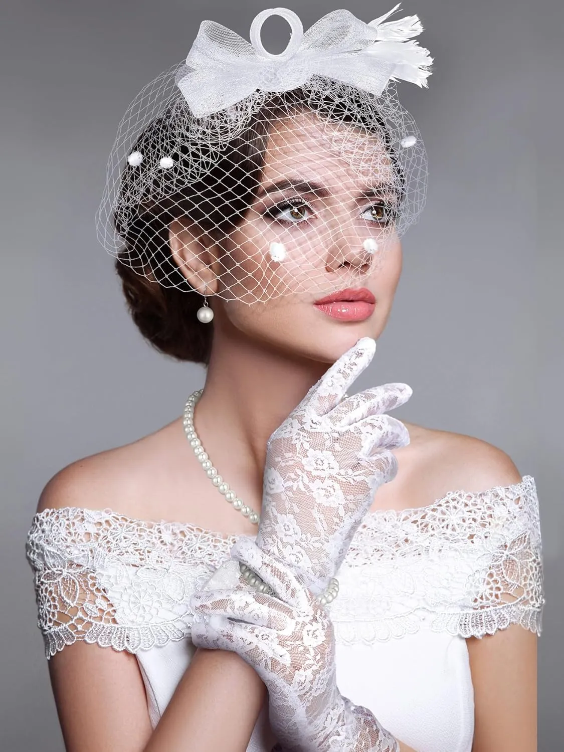 Geyoga 7 Pcs Fascinators Hat for Women Tea Party with Lace Gloves Pearl Necklace Bracelet Earrings Set for Wedding Gift