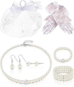 Geyoga 7 Pcs Fascinators Hat for Women Tea Party with Lace Gloves Pearl Necklace Bracelet Earrings Set for Wedding Gift