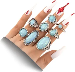 GIGB PBDK Silver Stackable Opal Knuckle Ring Set for Women Lady Boho Vintage Oval Gemstone Ring Geometric Joint Finger Stacking Nail Ring Jewelry