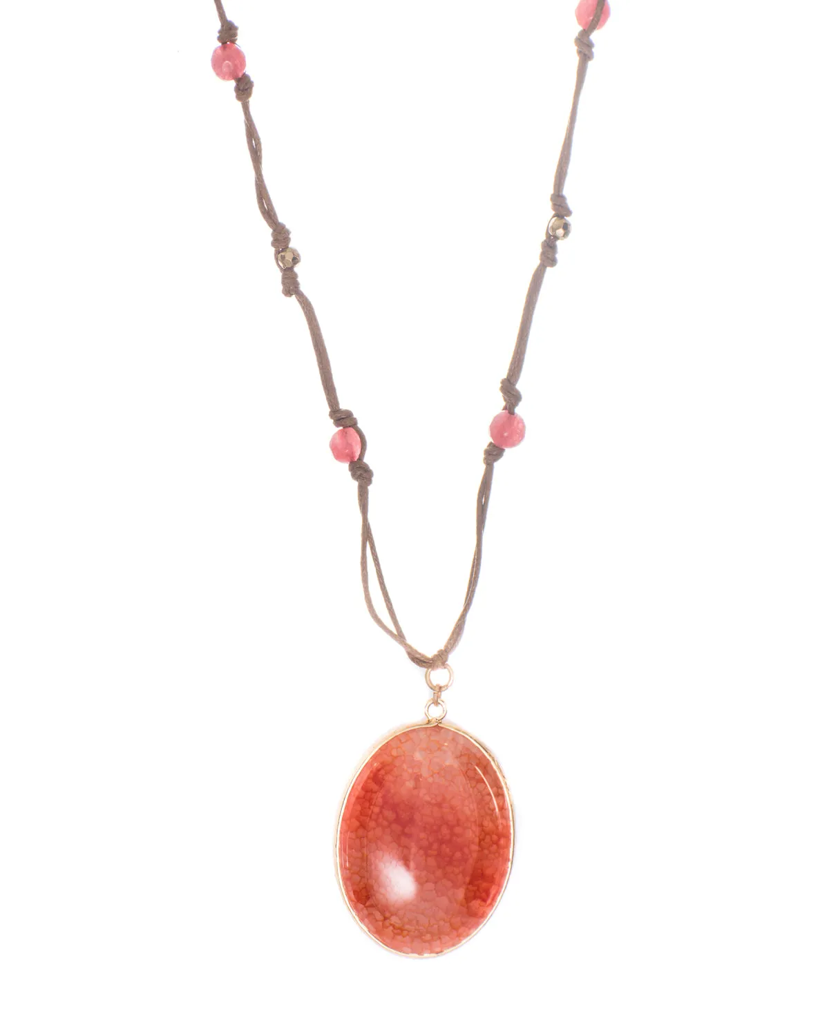 Glass Oval Pendant Long Knotted Cord Bead Necklace