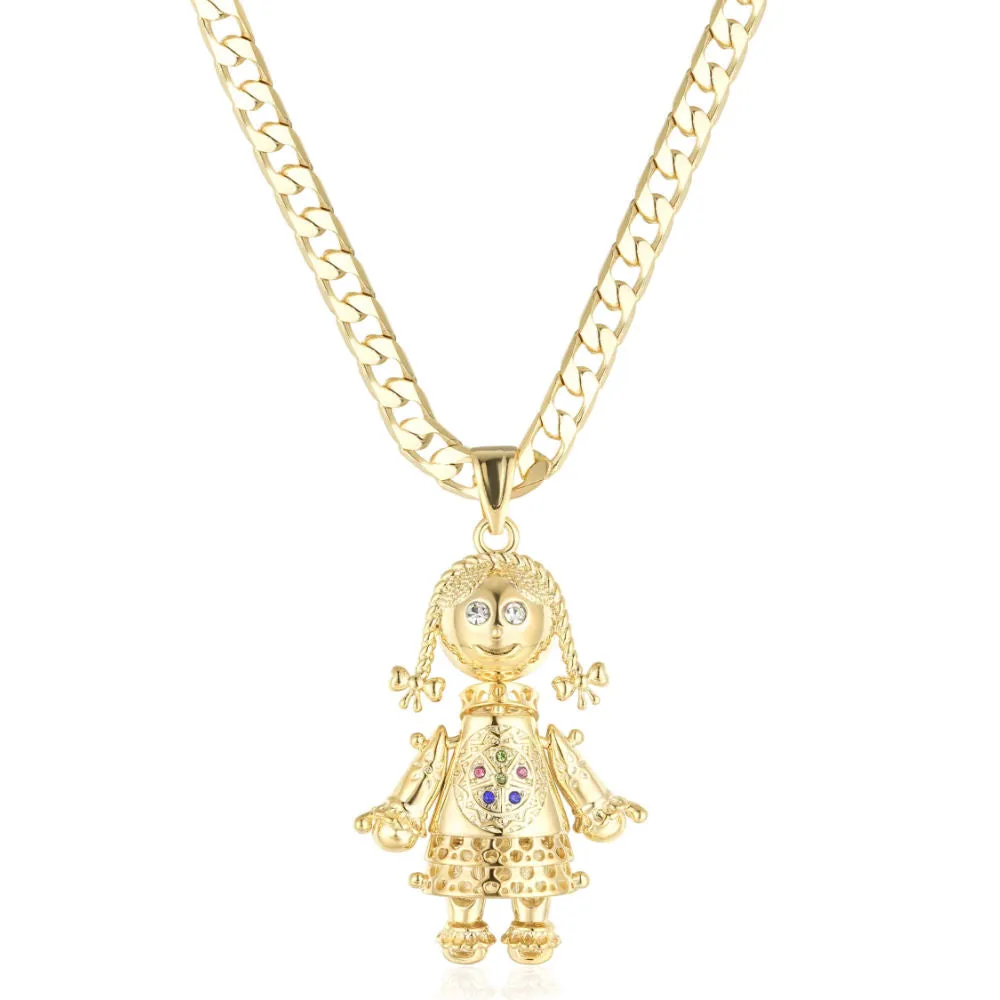 Gold 3D Rag Doll Pendant Cuban Curb Chain 22 Inch 6mm Cuban Chain