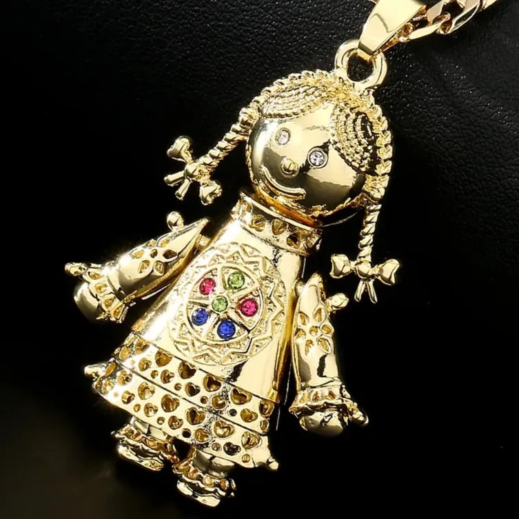 Gold 3D Rag Doll Pendant Cuban Curb Chain 22 Inch 6mm Cuban Chain