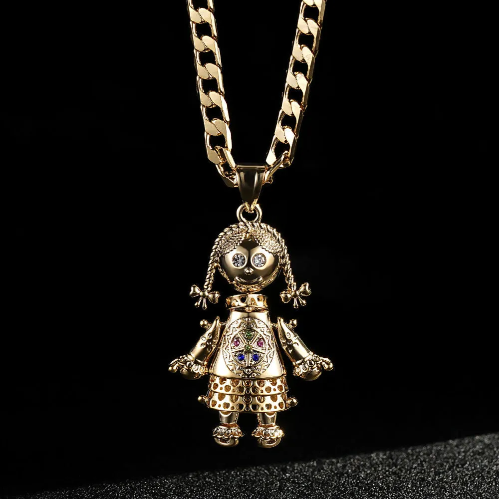 Gold 3D Rag Doll Pendant Cuban Curb Chain 22 Inch 6mm Cuban Chain