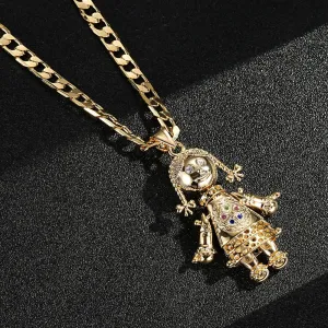 Gold 3D Rag Doll Pendant Cuban Curb Chain 22 Inch 6mm Cuban Chain