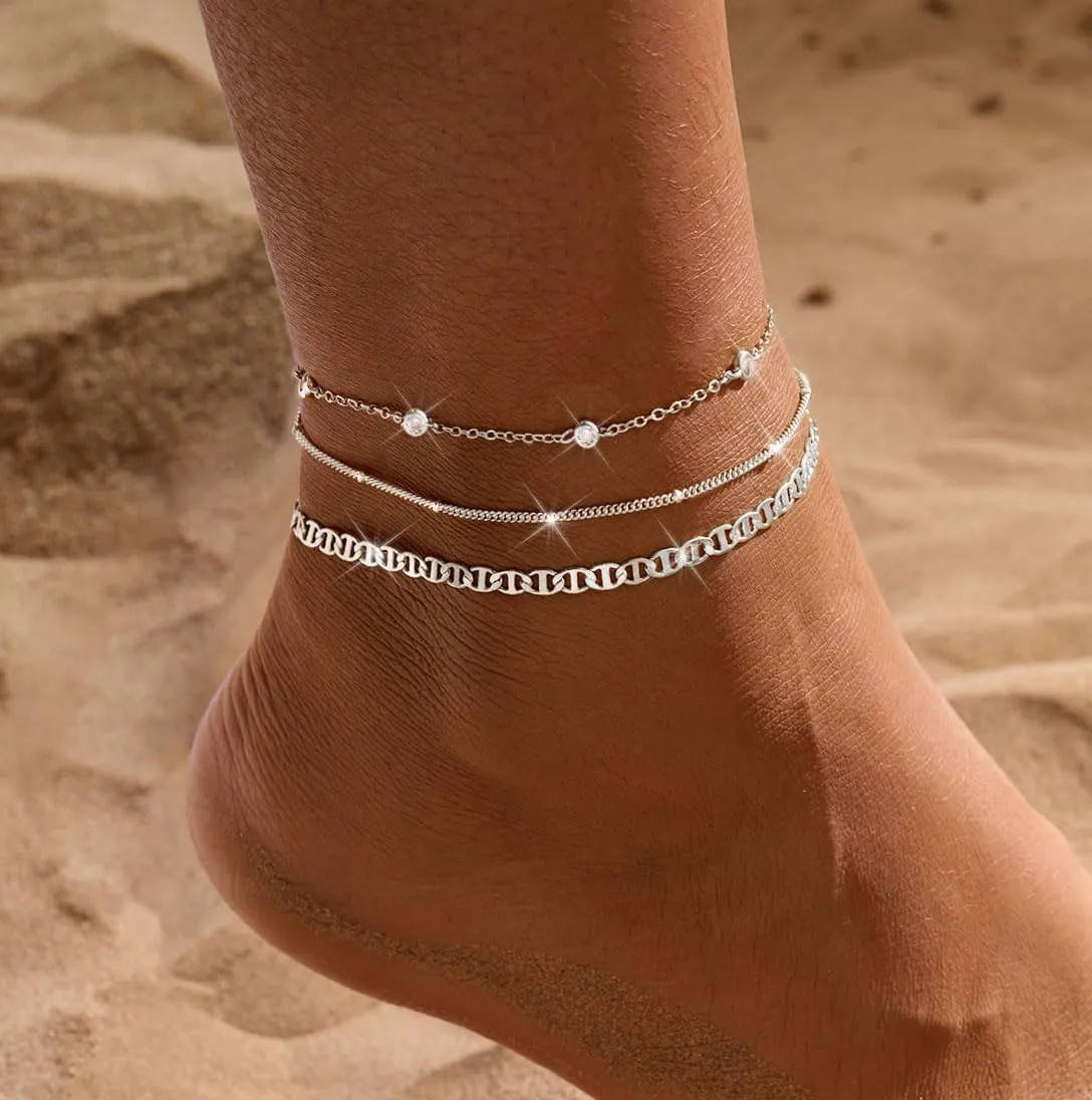 Gold Ankle Bracelets for women,14k Gold/Silver Plated Waterproof Layered lightweight Cuban Link Figaro Chain Heart anklet butterfly anklet Pearl Ankle Bracelets Set Gold Anklets for women Trendy Jewelry Gift for Women