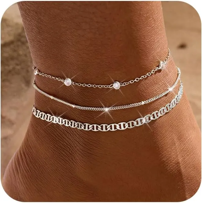 Gold Ankle Bracelets for women,14k Gold/Silver Plated Waterproof Layered lightweight Cuban Link Figaro Chain Heart anklet butterfly anklet Pearl Ankle Bracelets Set Gold Anklets for women Trendy Jewelry Gift for Women