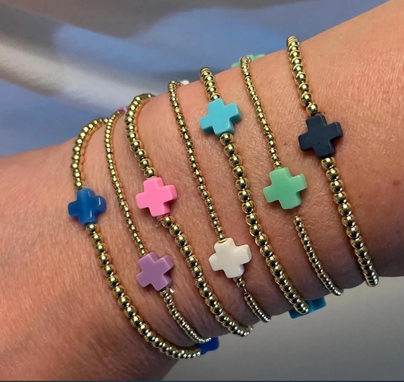 Gold Beaded Bracelets for Women Handmade Cross Beaded Stretch Bracelets Stackable Stocking Stuffers Non Tarnish Gold Bracelet Trendy Jewelry Women Gifts for Christmas