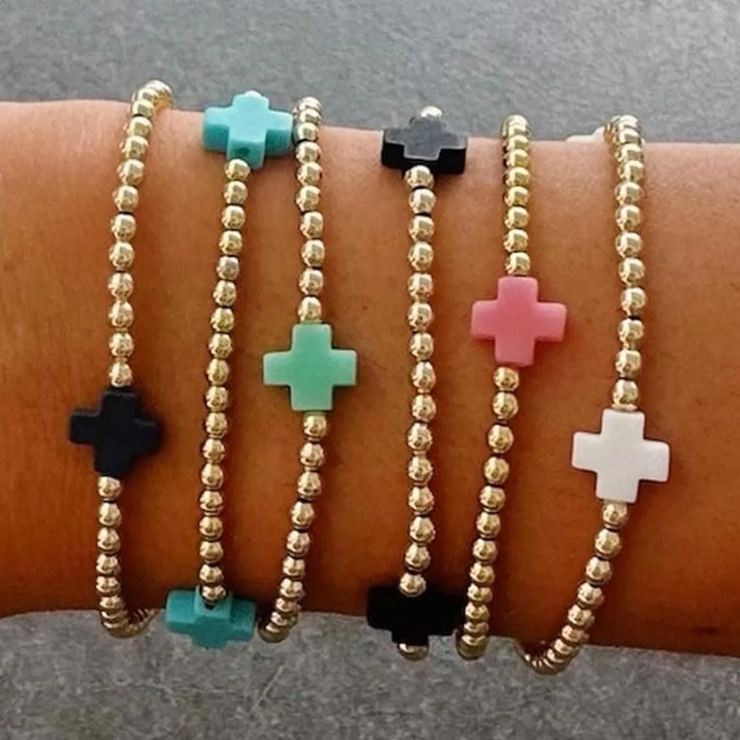 Gold Beaded Bracelets for Women Handmade Cross Beaded Stretch Bracelets Stackable Stocking Stuffers Non Tarnish Gold Bracelet Trendy Jewelry Women Gifts for Christmas