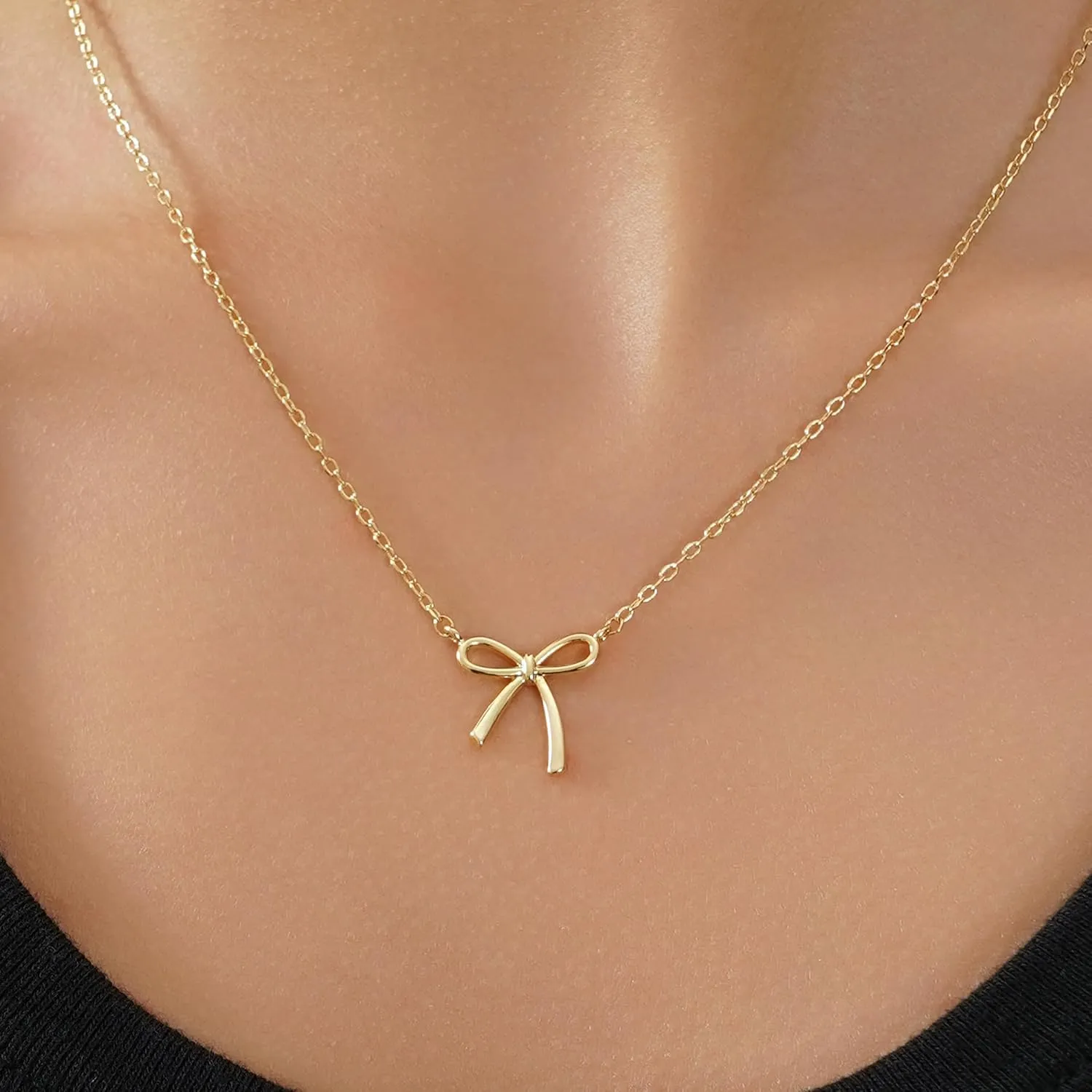 Gold Bow Necklace Dainty Gold Necklaces for Women Non Tarnish Waterproof 14K Gold Simple Choker Necklaces Tiny Small Bow Pendant Necklaces Trendy Women Jewelry